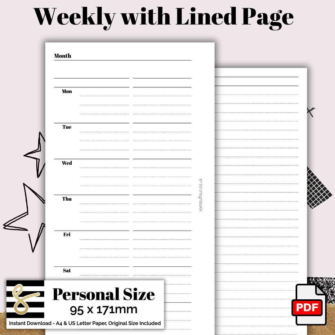 Personal Classic Weekly with Lined Page Printable PDF - Instant Download - Disc or Rings - WO2P Insert