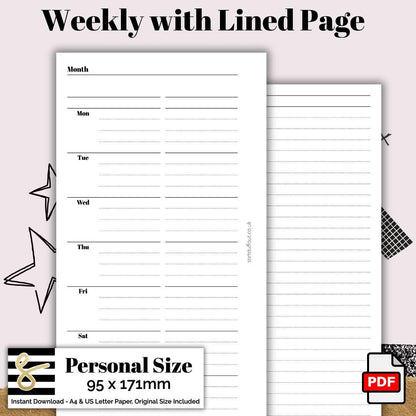 Personal Classic Weekly with Lined Page Printable PDF - Instant Download - Disc or Rings - WO2P Insert