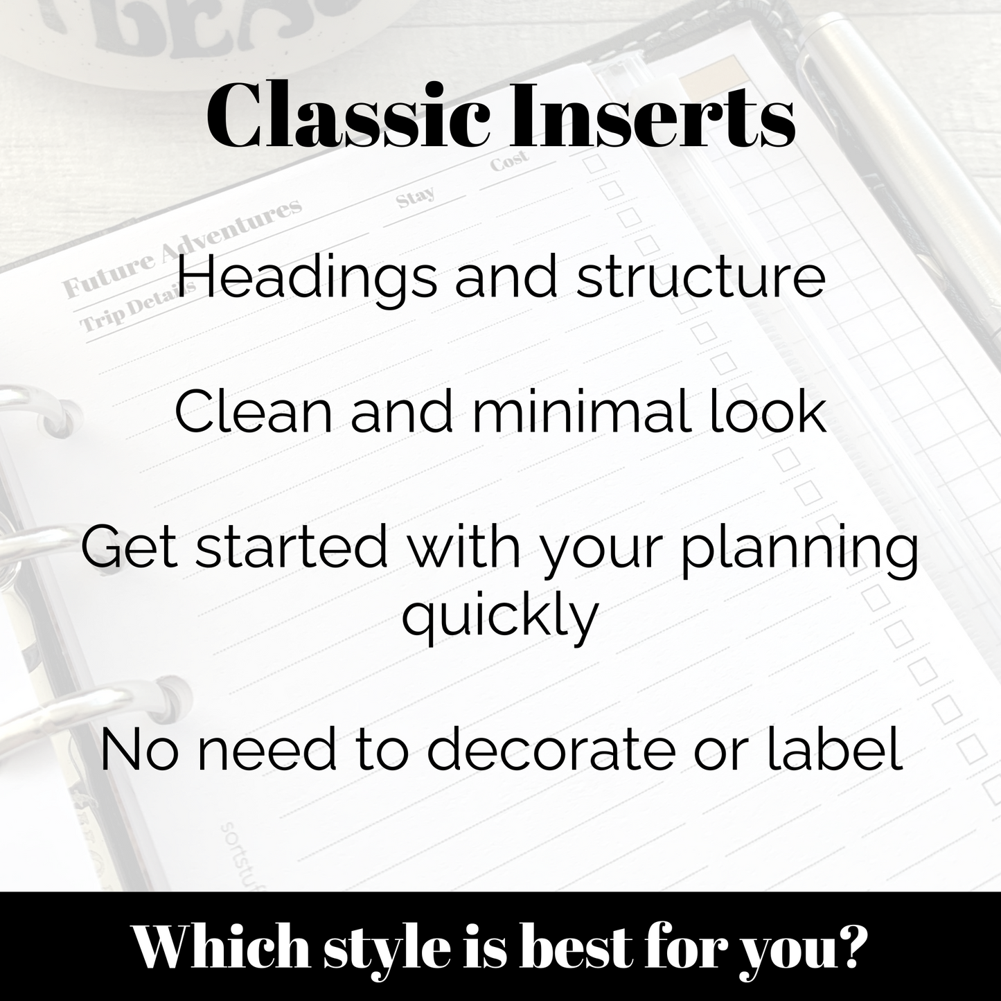 a clipboard with the words classic inserts on it