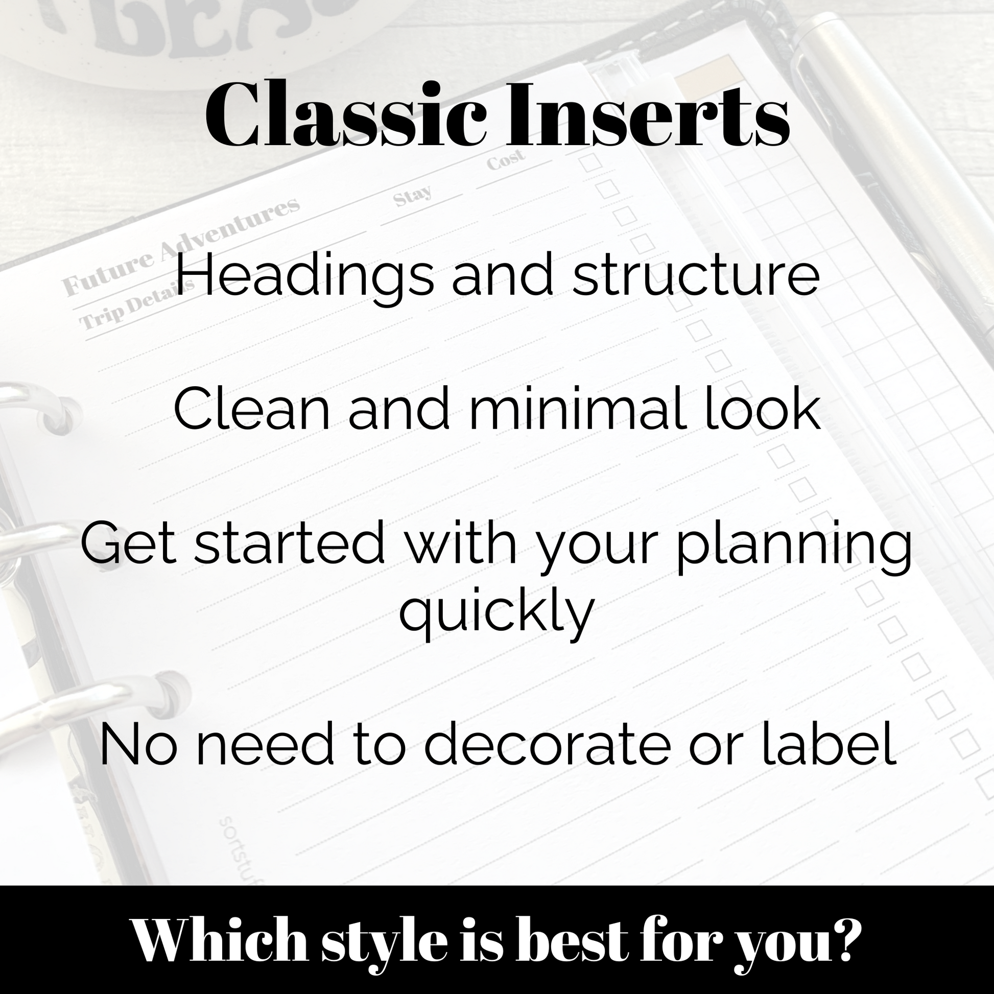 a clipboard with the words classic inserts on it