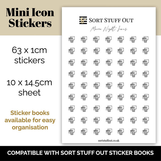 Movie Night Icon Stickers - Option to Include Sticker Book Extras - Functional Planner Stickers
