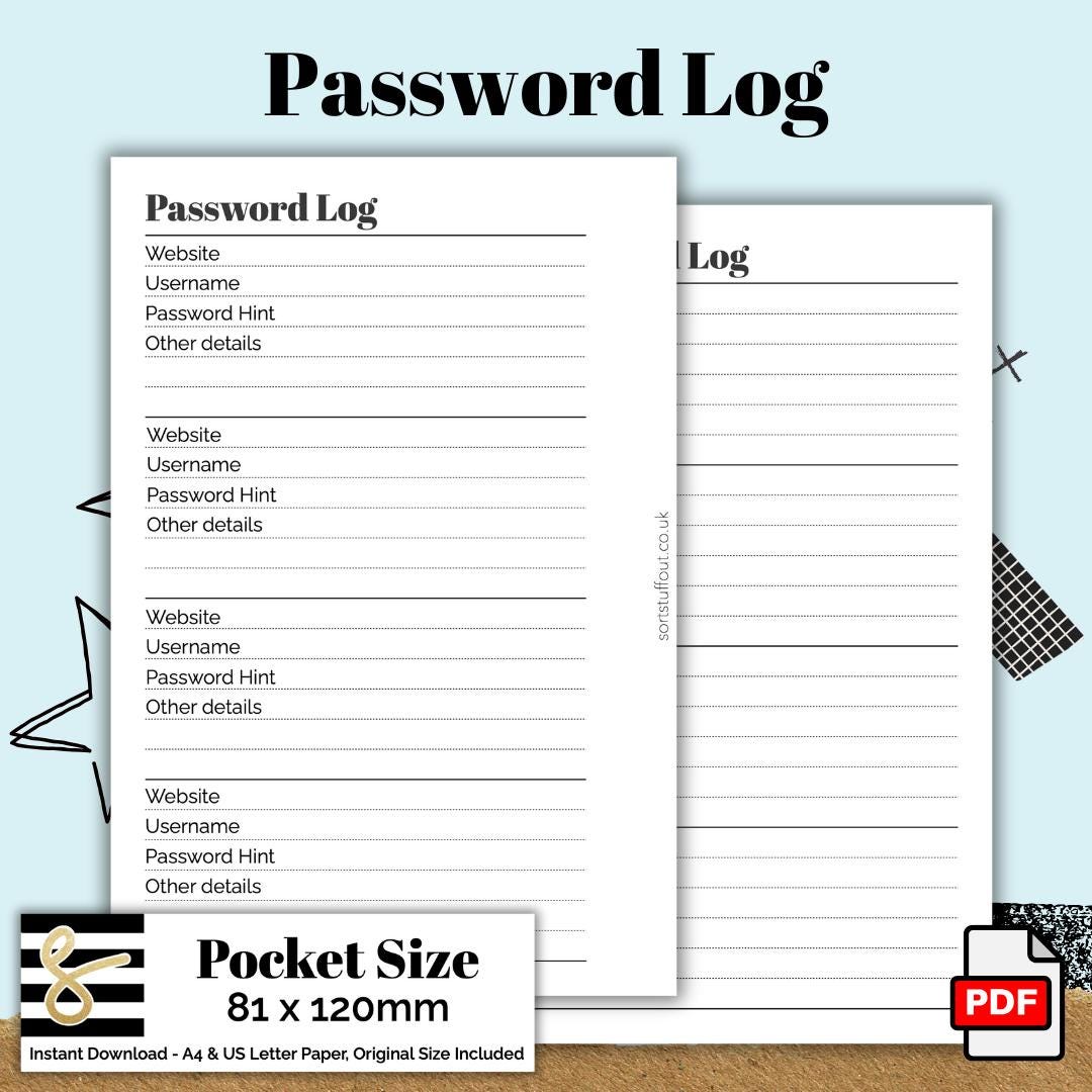 Pocket Password Log Printable PDF - Instant Download - Disc or Rings - Productivity Insert