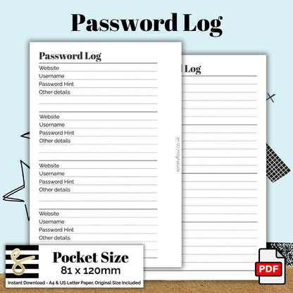Pocket Password Log Printable PDF - Instant Download - Disc or Rings - Productivity Insert