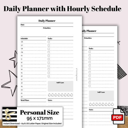 Personal Classic Daily With Hourly Schedule Printable PDF - Instant Download - Disc or Rings - Productivity Insert - To Do