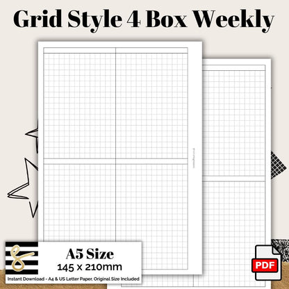 A5 Grid Style 4 Box Weekly Printable PDF - Instant Download - Disc or Rings - WO2P Insert