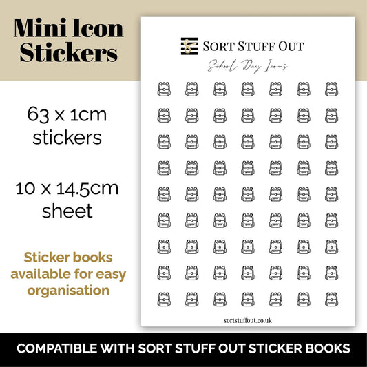 School Day Backpack Icon Stickers - Option to Include Sticker Book Extras - Functional Planner Stickers