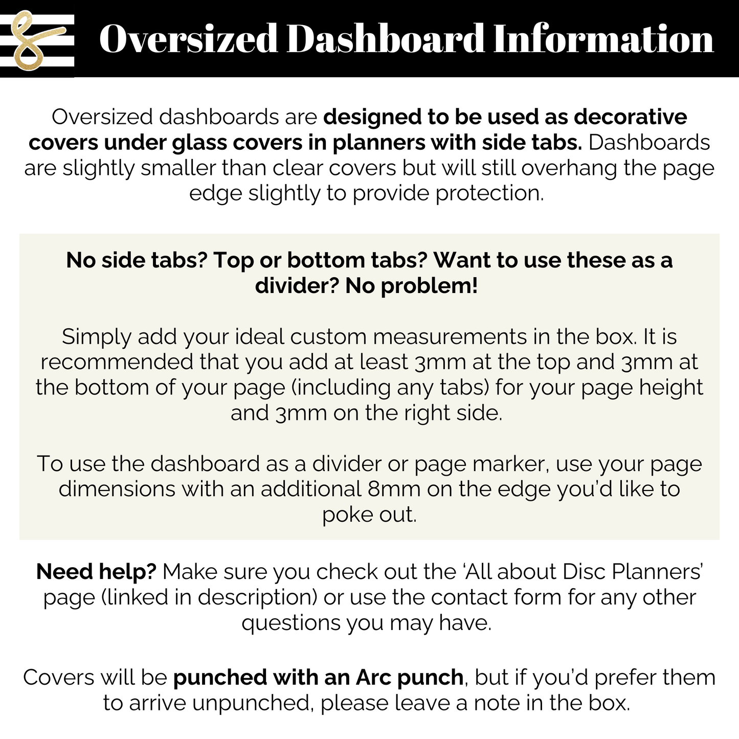 Oversized Dashboards for Disc Planners (Individual)
