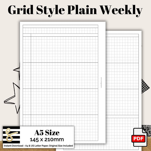 A5 Grid Style Weekly Plain Printable PDF - Instant Download - Disc or Rings - WO2P Insert