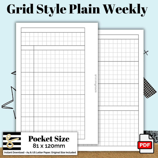 Pocket Grid Style Weekly Plain Printable PDF - Instant Download - Disc or Rings - WO2P Insert