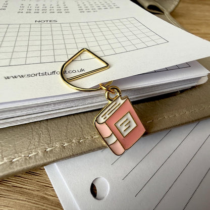 Small Pink Book - Reading Bookworm Planner Charm - Page Marker Clip - Ring Planner Accessories & Deco - Filofax, Kikki K