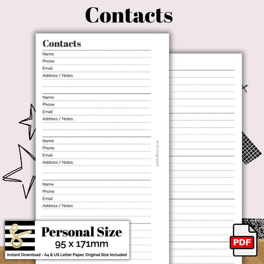 Personal Contacts Printable PDF - Instant Download - Disc or Rings - Productivity Insert