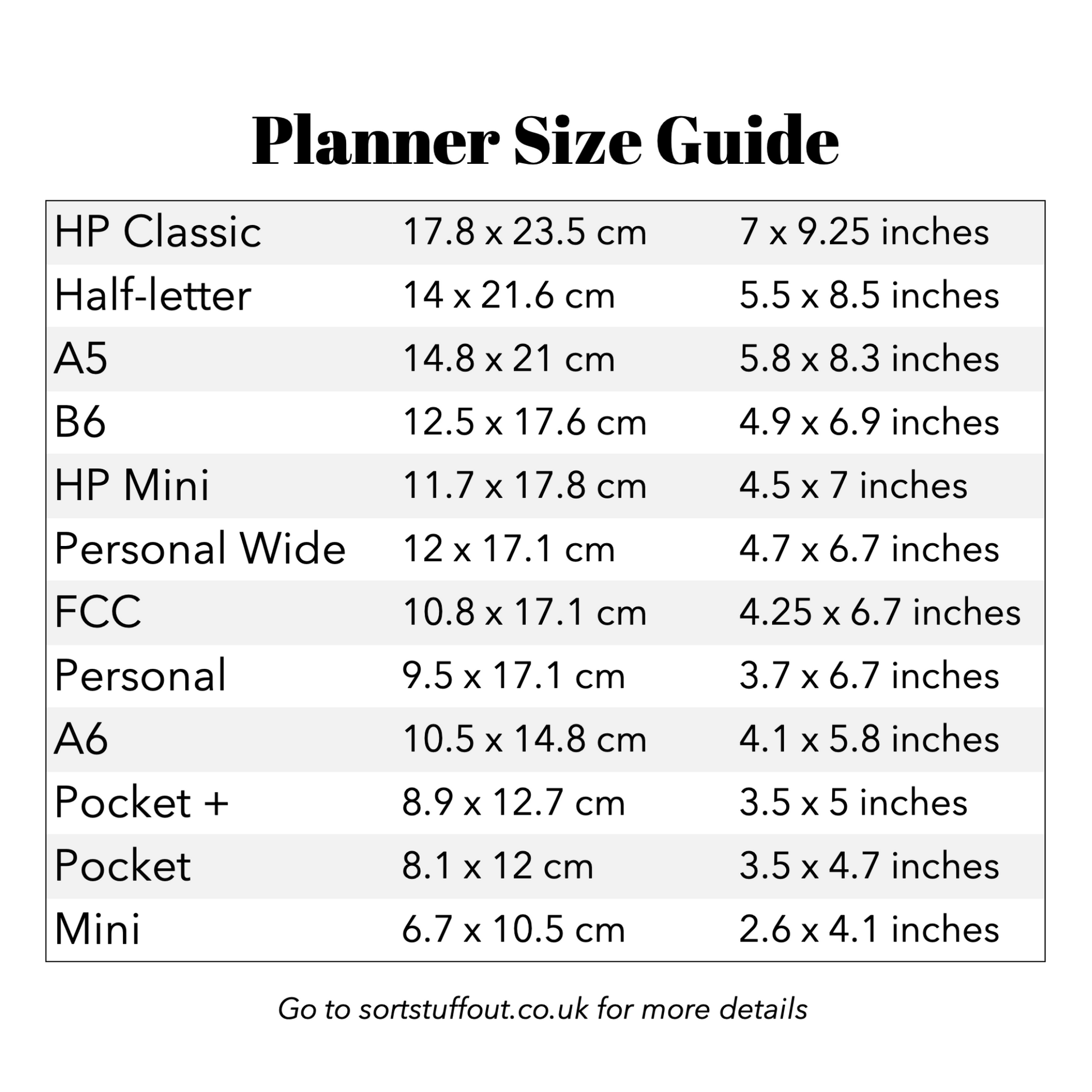 the size guide for a planner size guide