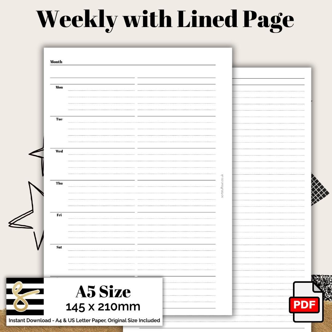 A5 Classic Weekly with Lined Page Printable PDF - Instant Download - Disc or Rings - WO2P Insert