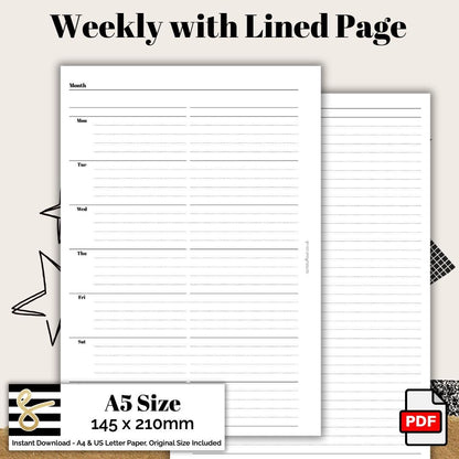 A5 Classic Weekly with Lined Page Printable PDF - Instant Download - Disc or Rings - WO2P Insert