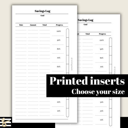 Savings Log - Printed & Punched Budget Inserts - A5, B6, Personal Wide, Personal, A6, Pocket +, Pocket Ring Planners