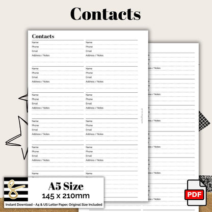 A5 Contacts Printable PDF - Instant Download - Disc or Rings - Productivity Insert