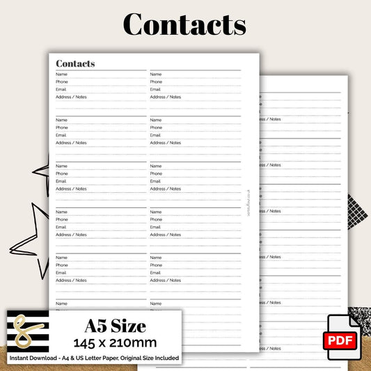A5 Contacts Printable PDF - Instant Download - Disc or Rings - Productivity Insert