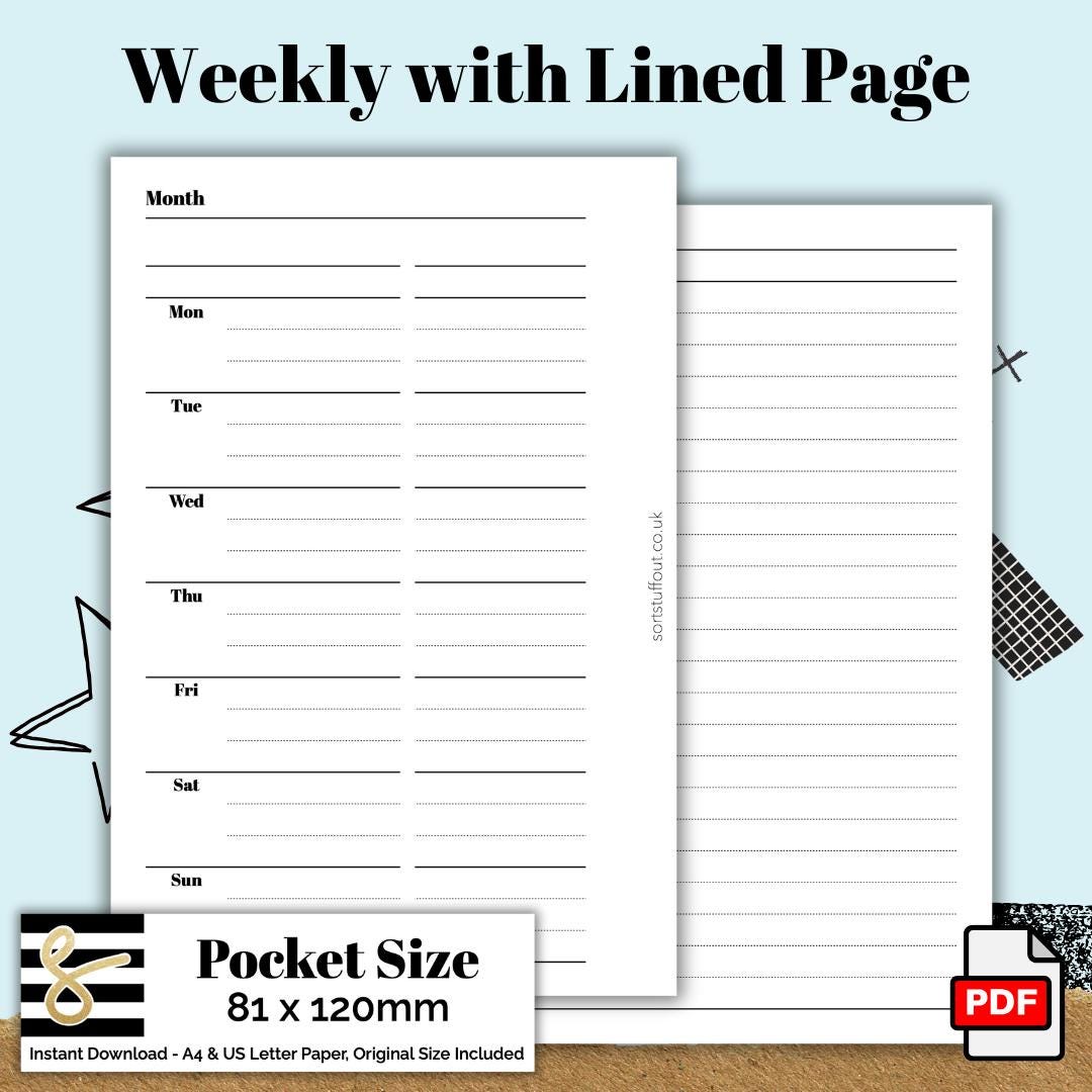 Pocket Classic Weekly with Lined Page Printable PDF - Instant Download - Disc or Rings - WO2P Insert