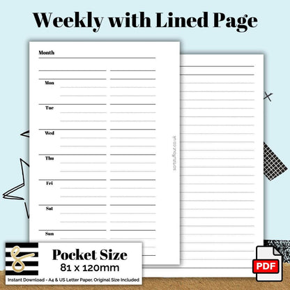 Pocket Classic Weekly with Lined Page Printable PDF - Instant Download - Disc or Rings - WO2P Insert