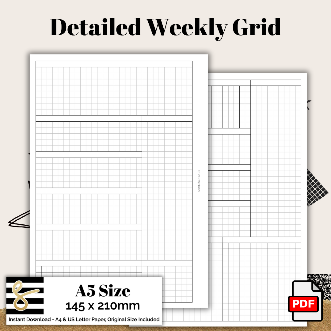 A5 Grid Detailed Weekly Printable PDF - Instant Download - Disc or Rings - WO2P Insert