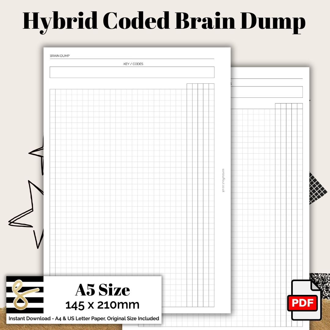 A5 Hybrid Coded Brain Dump Printable PDF - Instant Download - Disc or Rings - Productivity Insert (Copy)