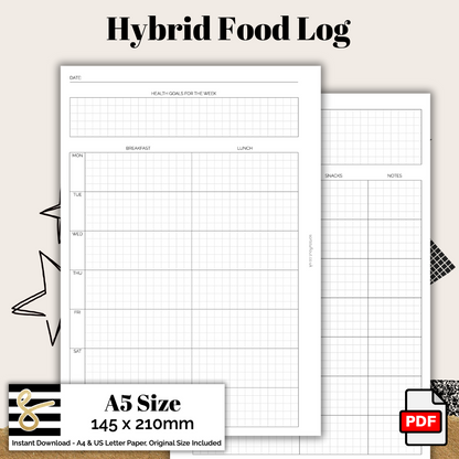 A5 Hybrid Food Log Printable PDF - Instant Download - Disc or Rings - Mind & Body Insert