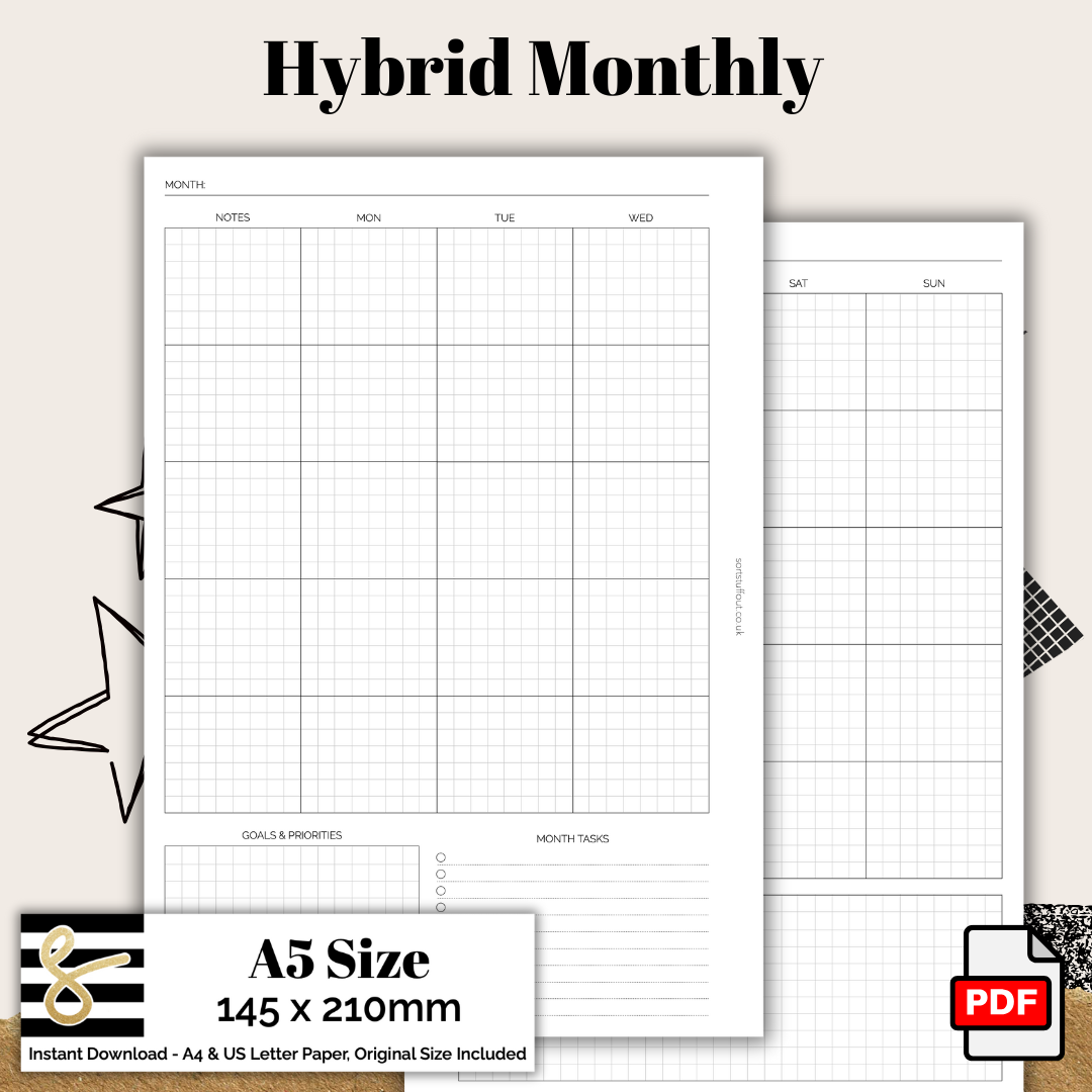 A5 Hybrid Monthly Printable PDF - Instant Download - Disc or Rings - MO2P Insert
