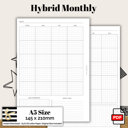 A5 Hybrid Monthly Printable PDF - Instant Download - Disc or Rings - MO2P Insert