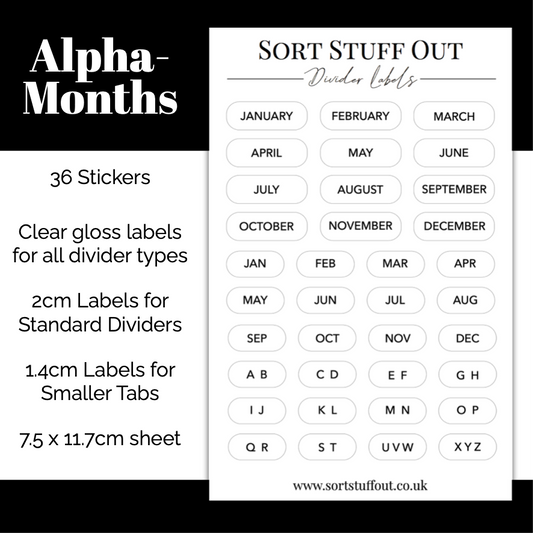 Sans Serif Font Alpha-Month Labels for Clear and Photo Dividers