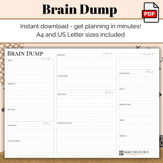 Brain Dump Productivity Printable PDF - Instant Download - No Planner Needed