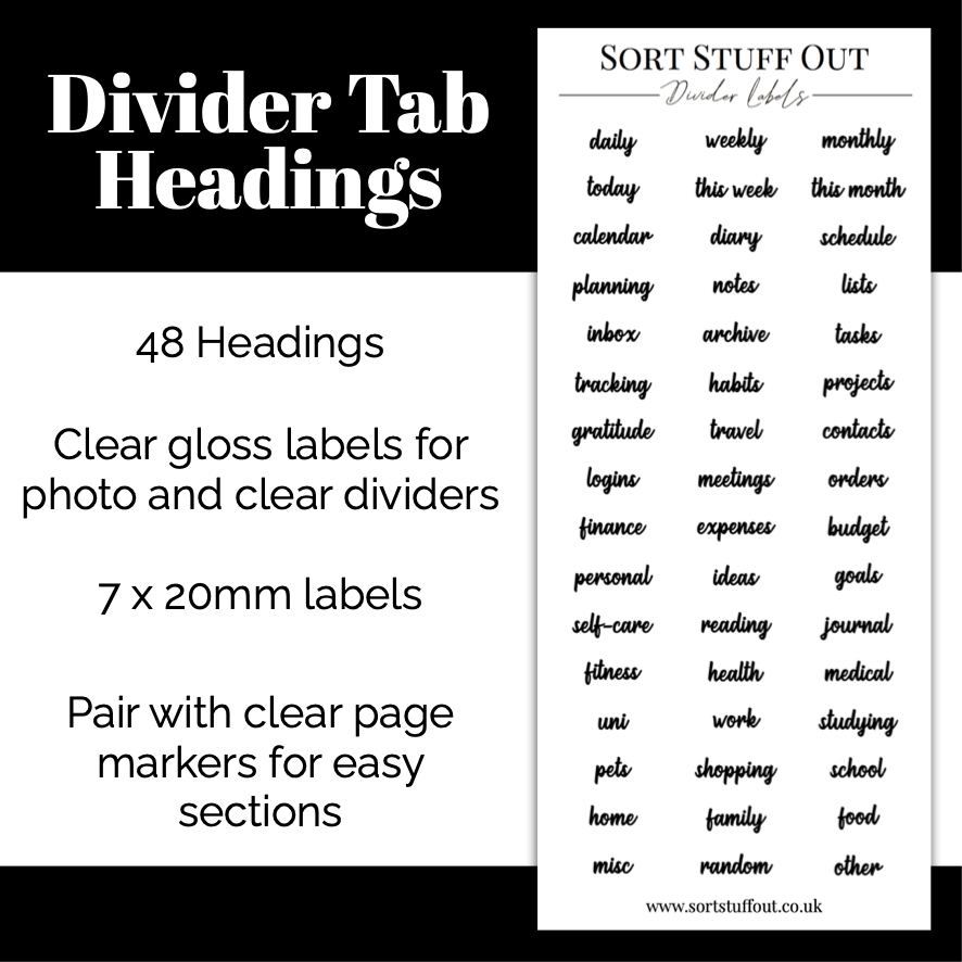 Script Font Divider Labels for Clear and Photo Dividers – Sort Stuff Out