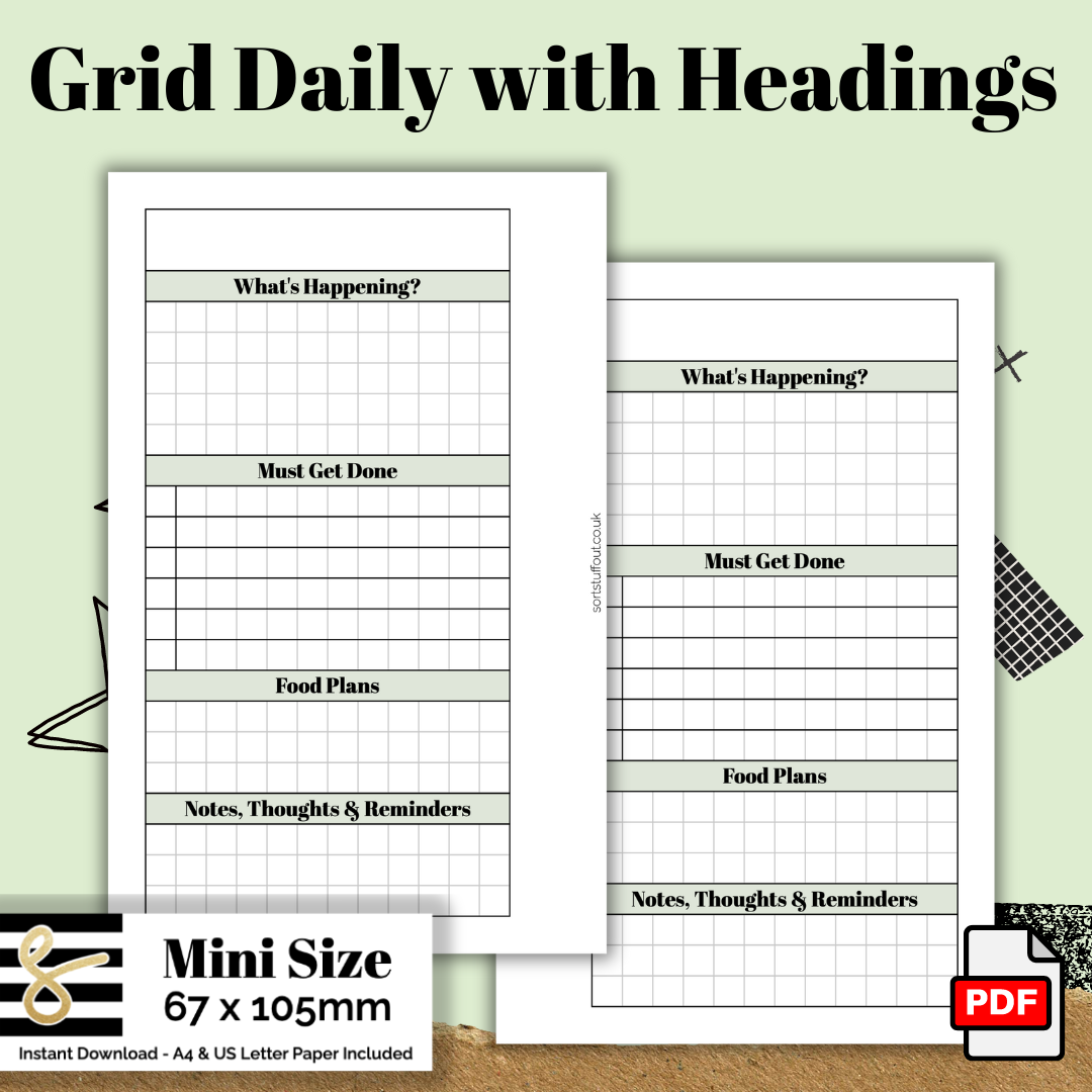 Daily Plan Grid Grid Daily with Headings - Mini Size - Free Printable – Sort Stuff Out