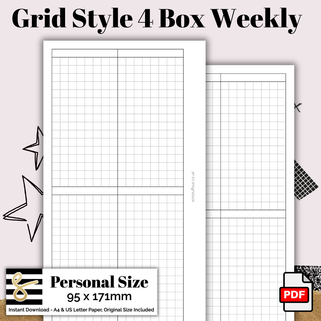 Personal Grid Style 4 Box Weekly Printable PDF - Instant Download - Disc or Rings - WO2P Insert