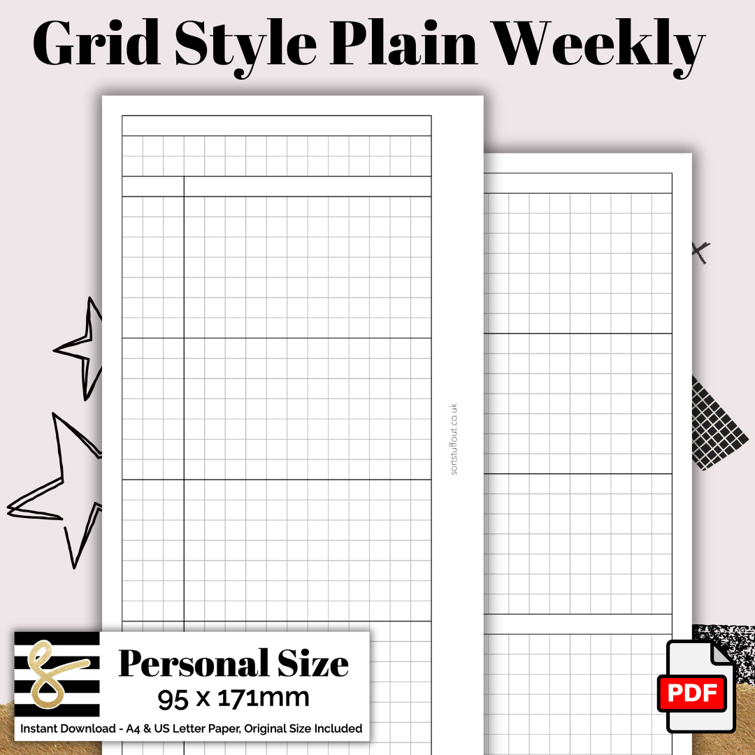 Personal Grid Style Weekly Plain Printable PDF - Instant Download - Disc or Rings - WO2P Insert