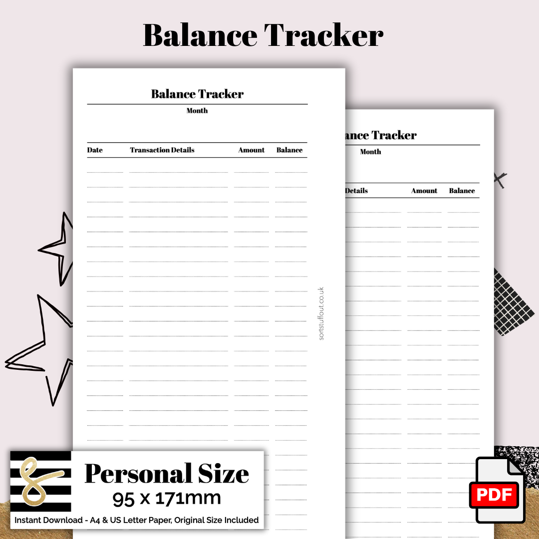 Personal Balance Tracker Printable PDF - Instant Download - Disc or Rings - Budget Insert