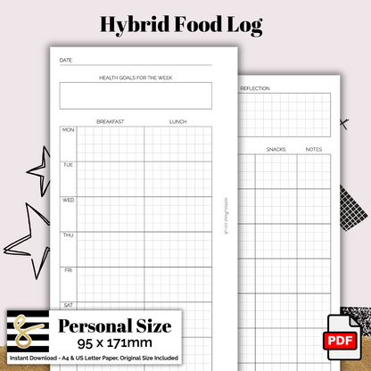 Personal Hybrid Food Log Printable PDF - Instant Download - Disc or Rings - Mind & Body Insert