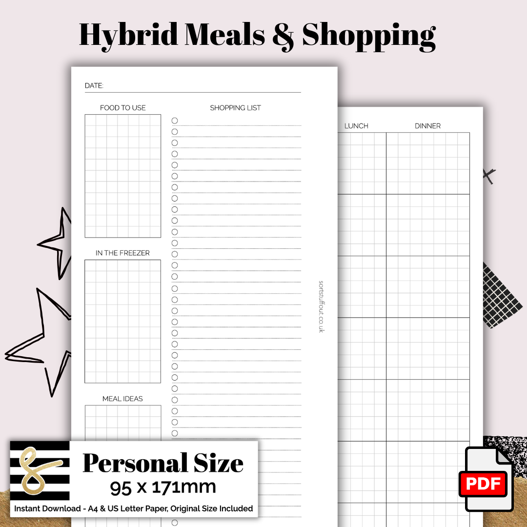 Personal Hybrid Meal Planner & Shopping List Printable PDF - Instant Download - Disc or Rings - Mind & Body Insert