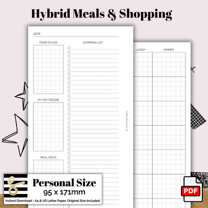 Personal Hybrid Meal Planner & Shopping List Printable PDF - Instant Download - Disc or Rings - Mind & Body Insert