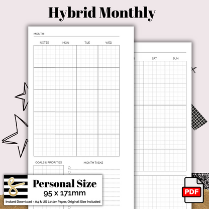 Personal Hybrid Monthly Printable PDF - Instant Download - Disc or Rings - MO2P Insert
