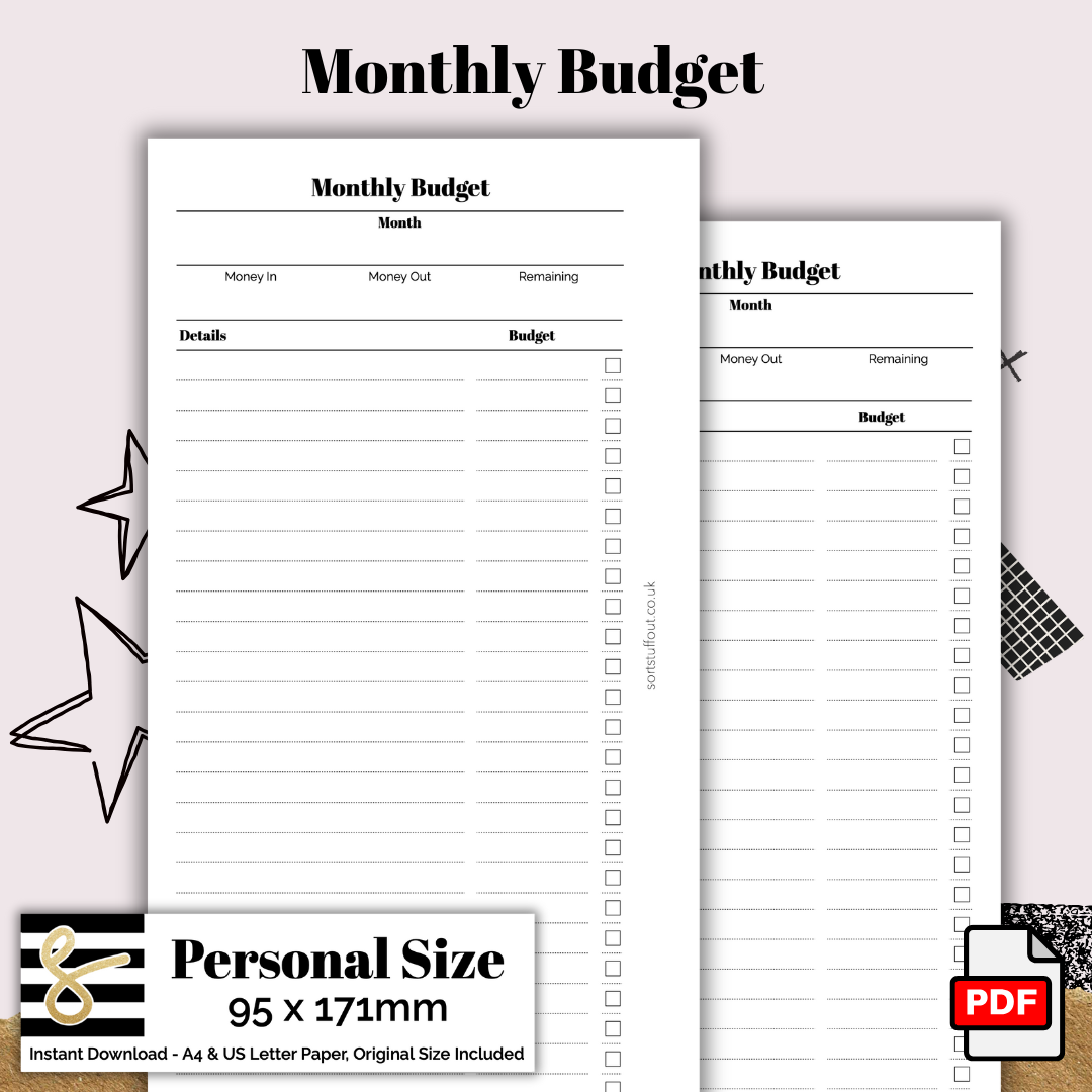 Personal Monthly Budget Printable PDF - Instant Download - Disc or Rings - Budget Insert