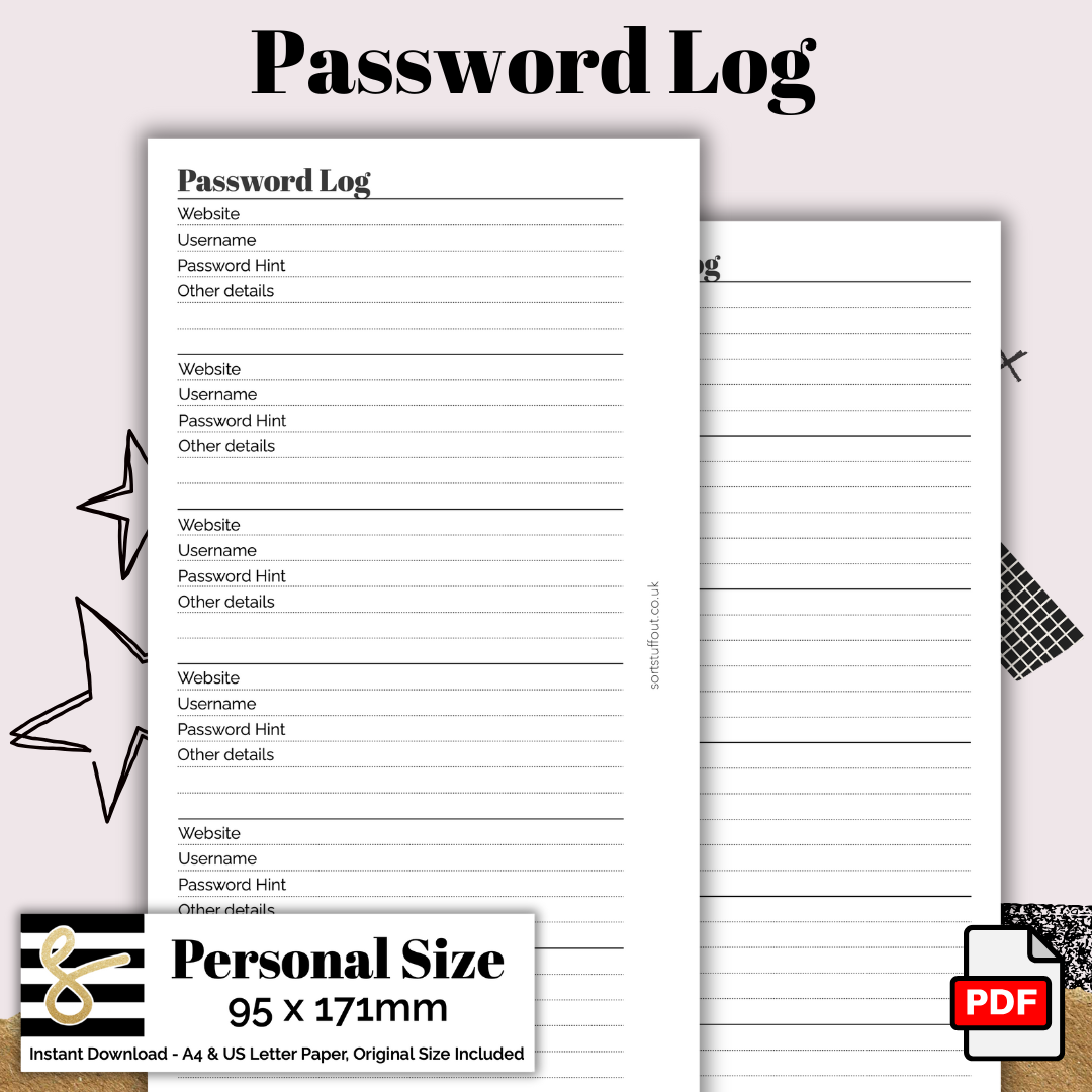 Personal Password Log Printable PDF - Instant Download - Disc or Rings - Productivity Insert