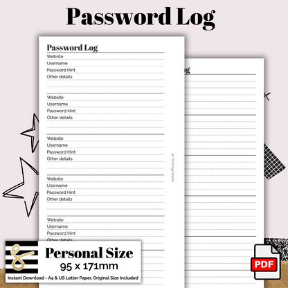Personal Password Log Printable PDF - Instant Download - Disc or Rings - Productivity Insert