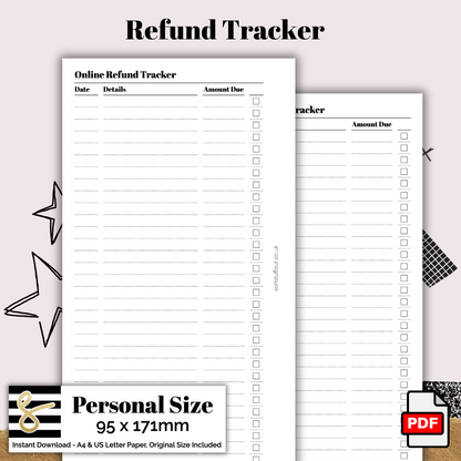 Personal Refund Tracker Printable PDF - Instant Download - Disc or Rings - Budget Insert