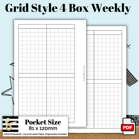 Pocket Grid Style 4 Box Weekly Printable PDF - Instant Download - Disc or Rings - WO2P Insert