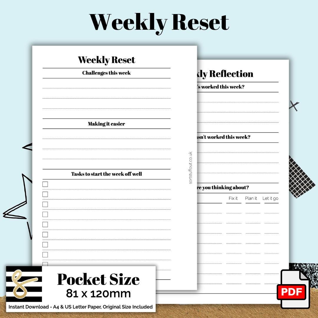 Pocket Weekly Reset Printable PDF - Instant Download - Disc or Rings - Health Insert