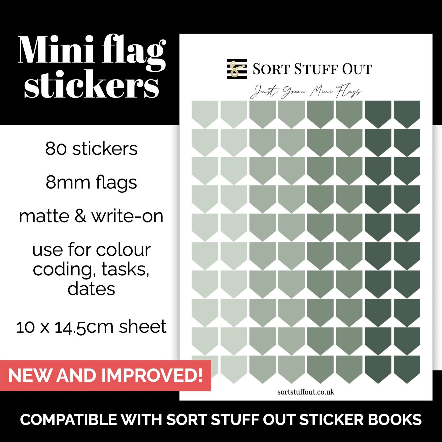 NEW Just Green Mini Flag Stickers - Option to Include Sticker Book Extras - Functional Planner Stickers