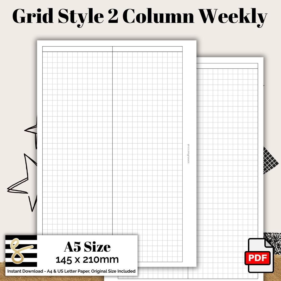 A5 Grid Style 2 Column Weekly Printable PDF - Instant Download - Disc or Rings - WO2P Insert