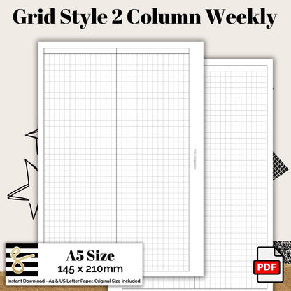 A5 Grid Style 2 Column Weekly Printable PDF - Instant Download - Disc or Rings - WO2P Insert