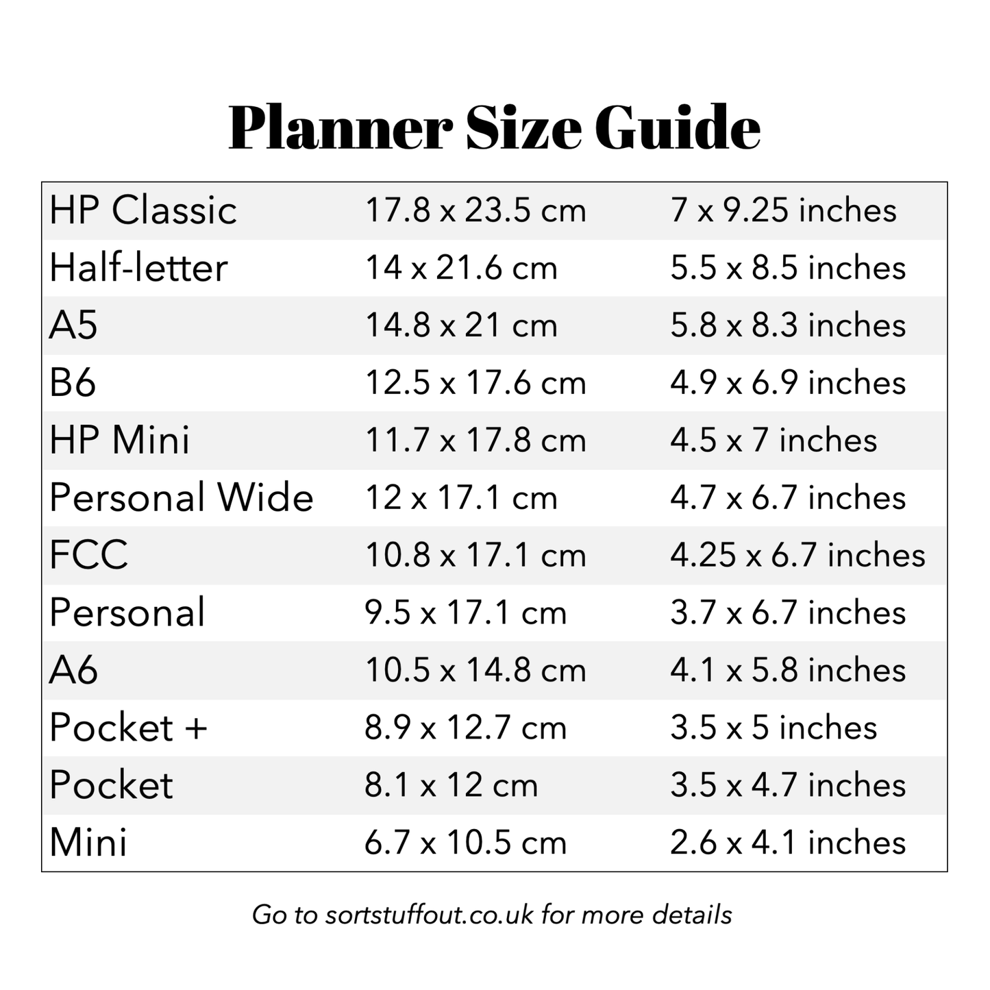 the size guide for a planner size guide