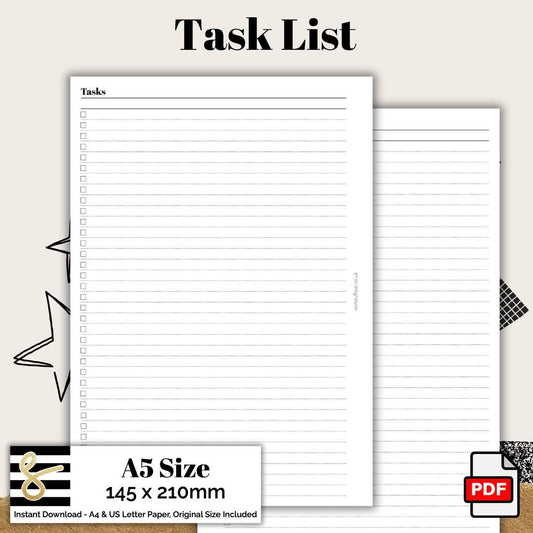 A5 Task List Printable PDF - Instant Download - Disc or Rings - Productivity Insert - To Do
